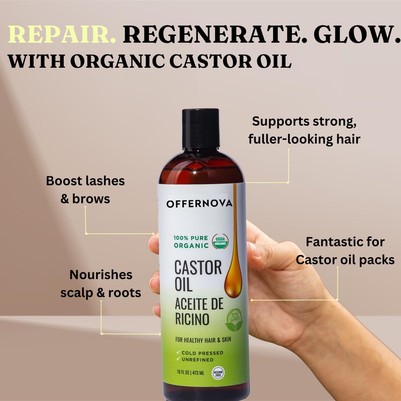 Offernova Castor Oil 16 OZ- Aceite de Ricino - Cold Pressed 100% Pure, Certified Organic, Hexane Free for Eyelashes, Eyebrows, Frizzy, Hair Growth Women and Men, Beard Growth - Image 4